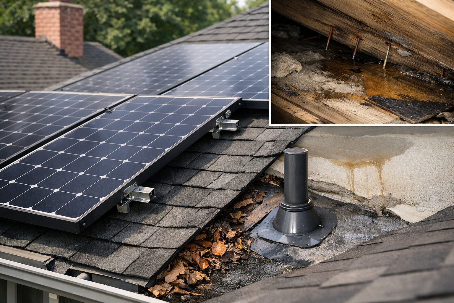 Solar panels on a shingle roof with vent flashing stains and attic water damage.