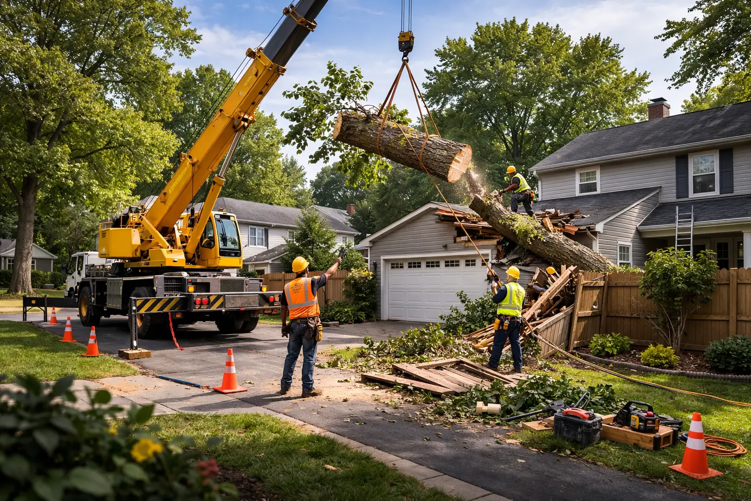 Crane-assisted tree removal lifting a storm-damaged tree off a garage